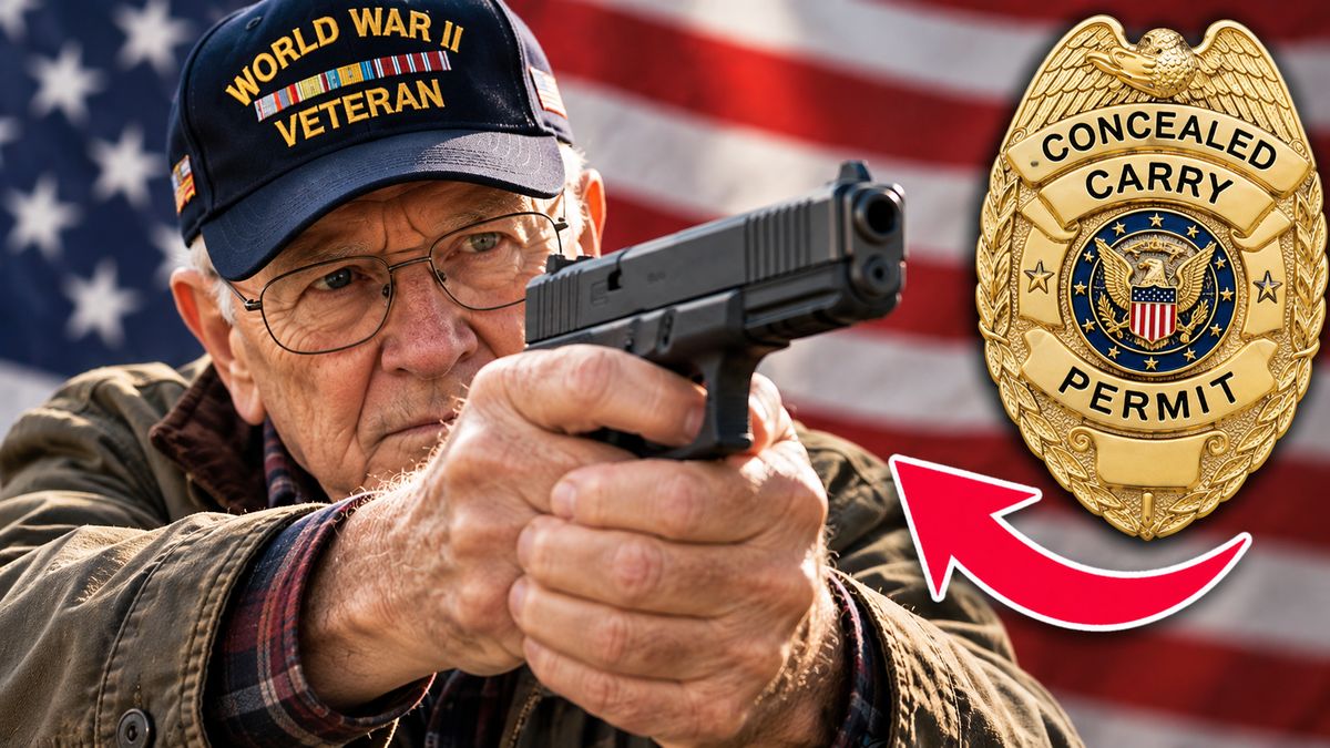 Senior World War II veteran with a handgun in front of an American flag, next to a concealed carry permit badge